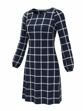 Tommy Hilfiger Navy Blue White Windowpane Plaid Long Sleeve Shift Dress |Size 0P